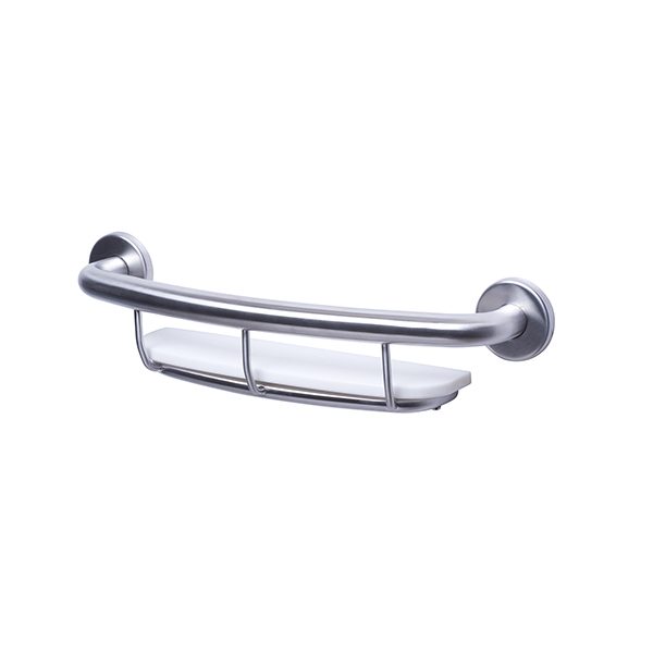 grab bar with Shampoo Shelf, SATIN Finish with White acrylic shelf