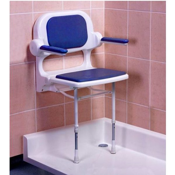 AKW Economy Standard Fold Up Shower Seat with Back & Arms, BLUE Padding